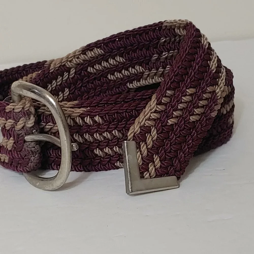 Retro Vintage Weave Rope‎ Burgundy Belt Silver Tone